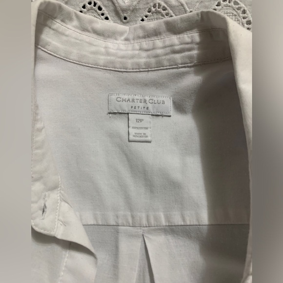 Charter club 100% cotton white button down 1/3 sleeve embroidery shirt size 12 P - Picture 7 of 7
